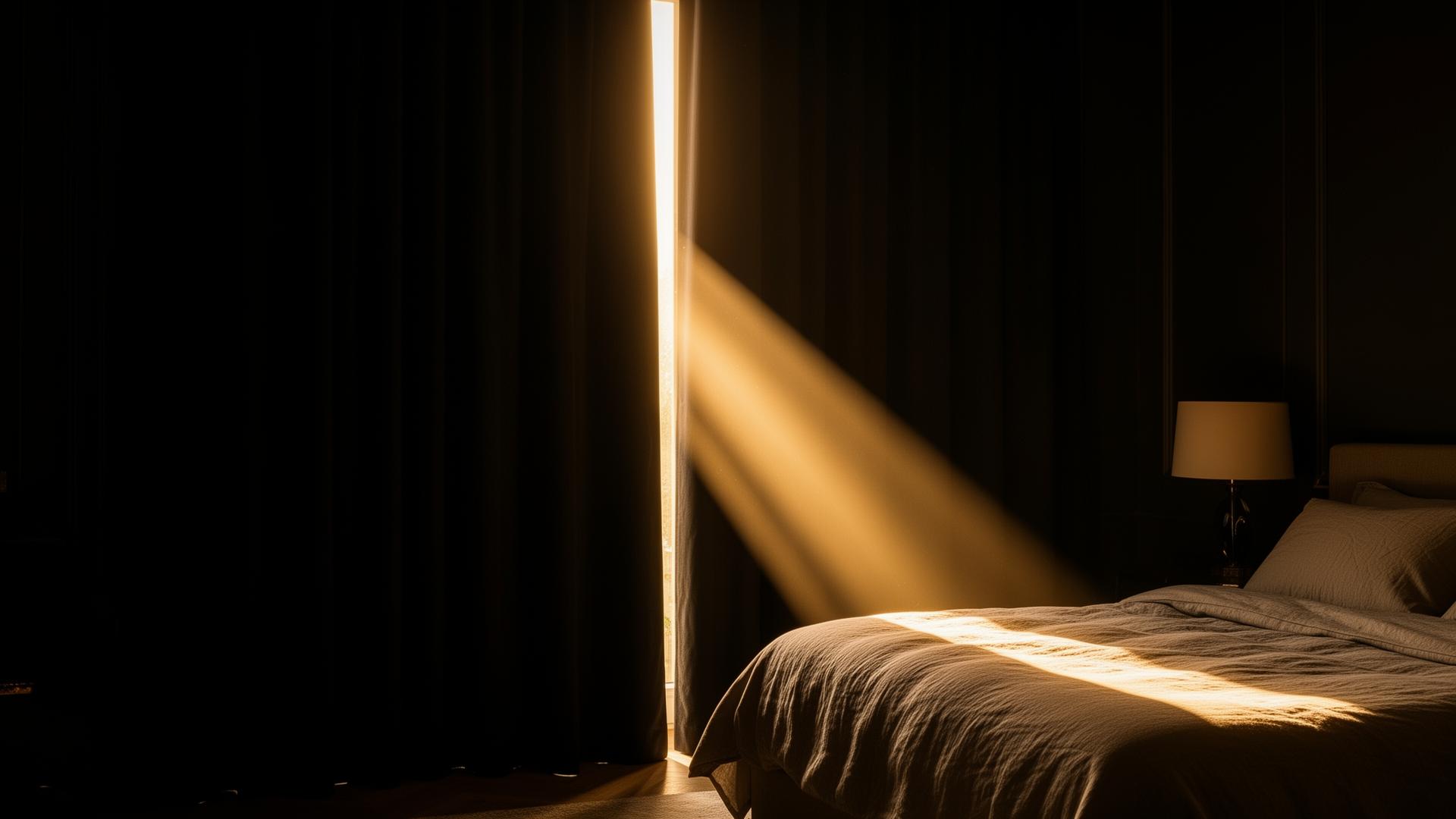 Quarto com cortina blackout entreaberta e feixe de luz do sol incidindo sobre a cama