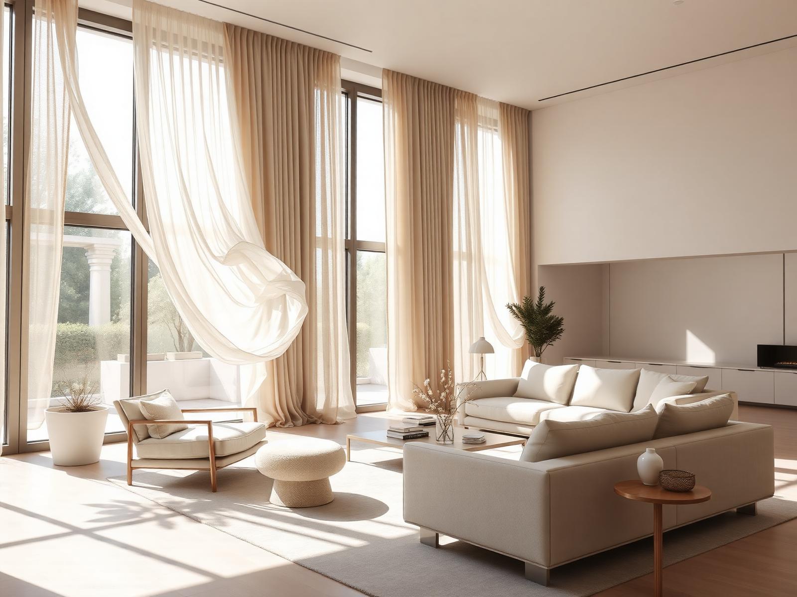 Sala moderna com cortinas de linho ao vento, luz natural suave e decoração minimalista