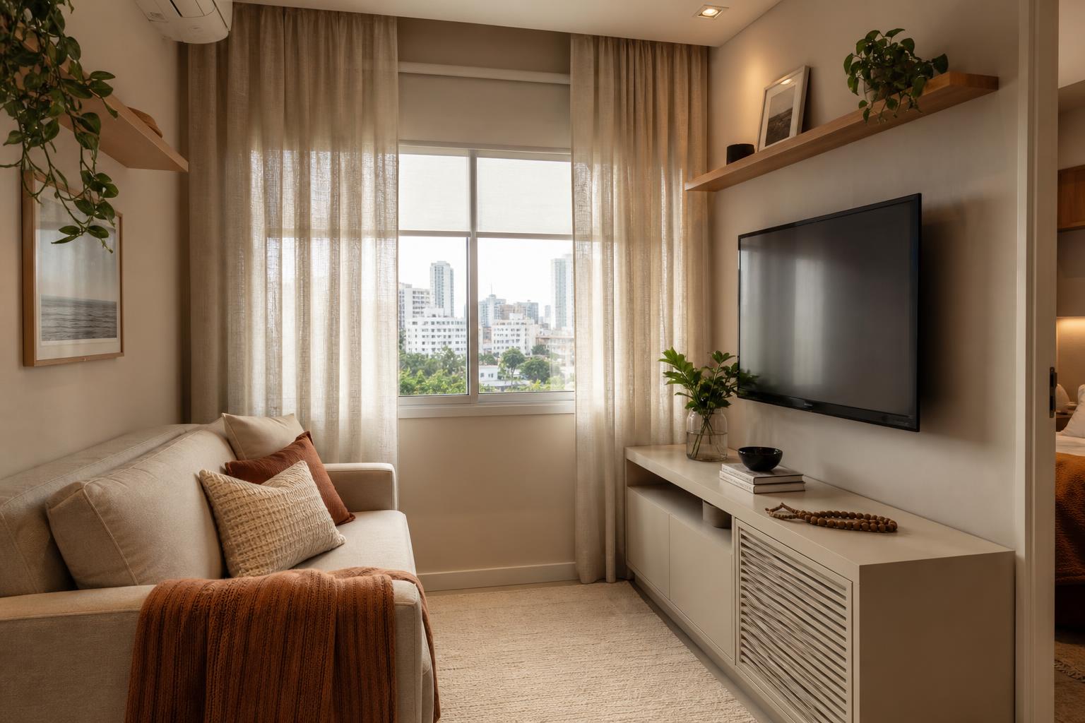 Sala de apartamento pequeno com persianas semiabertas e cortinas de linho sobrepostas em ambiente acolhedor