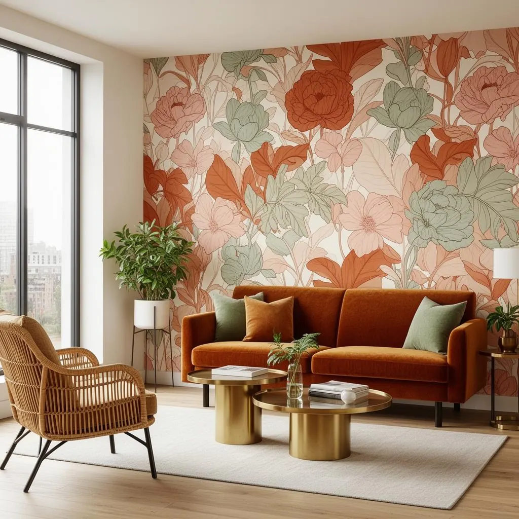 Sala moderna · papel de parede floral em destaque